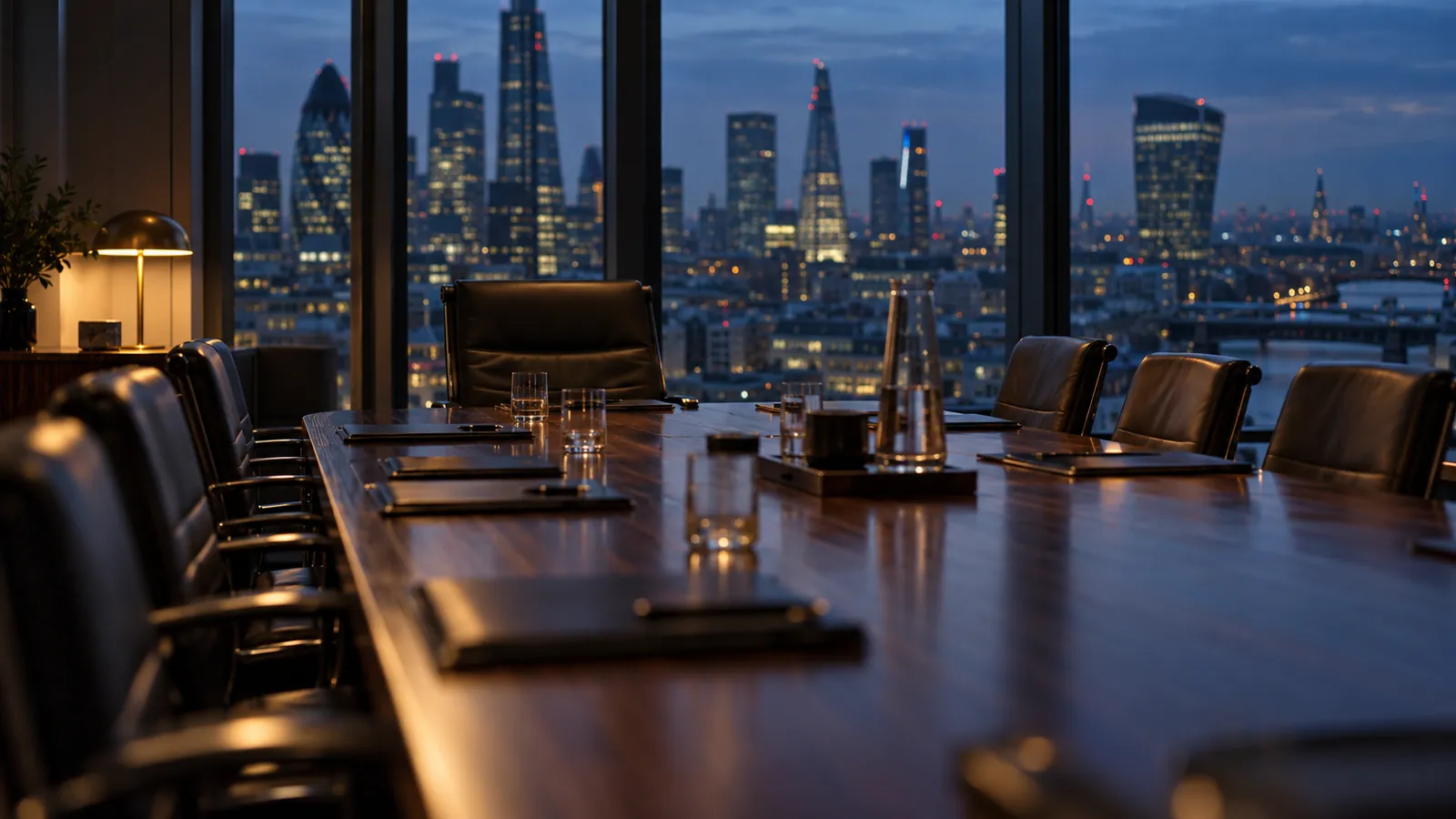 Empty head chair at a boardroom table overlooking London at blue hour