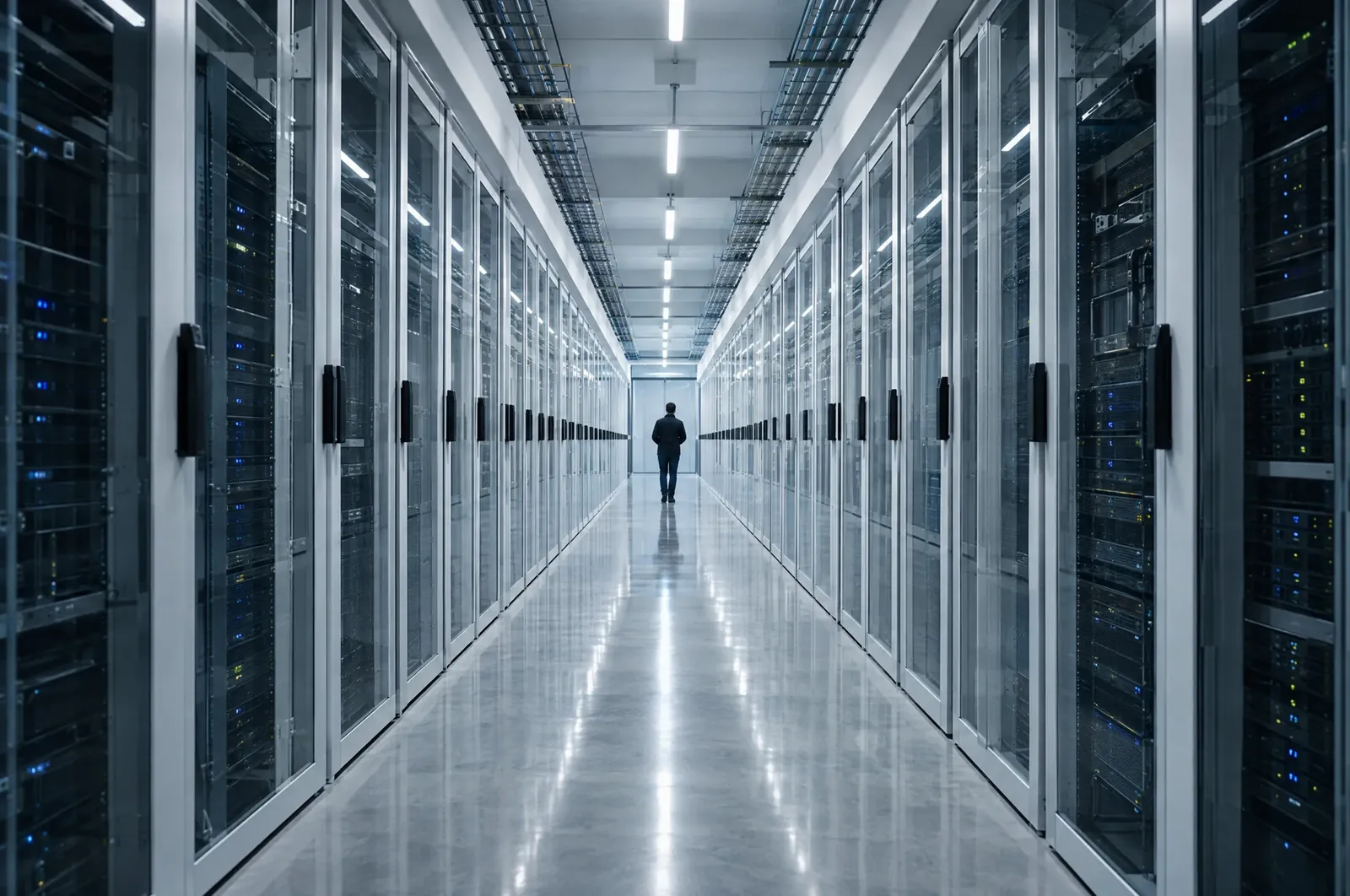 A technician walking between rows of server racks in a brightly lit data centre