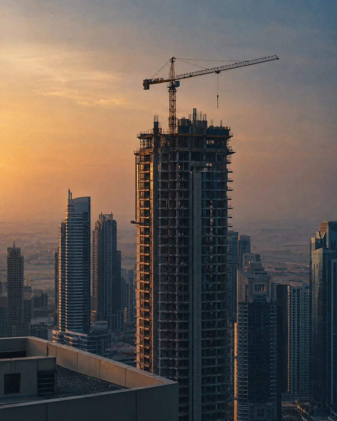A high-rise tower under construction in Dubai at dusk