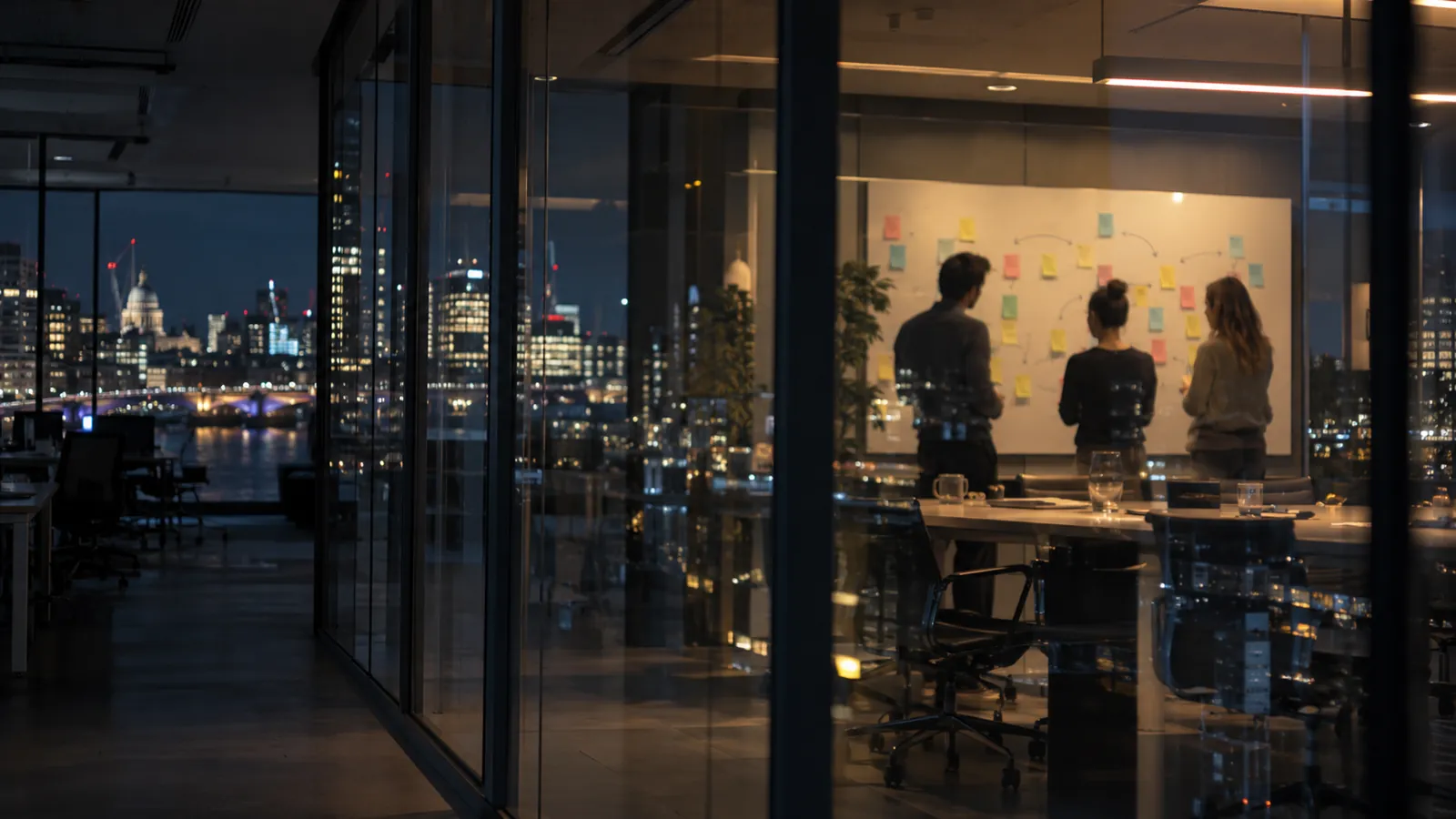 A strategy discussion behind glass overlooking the city at dusk