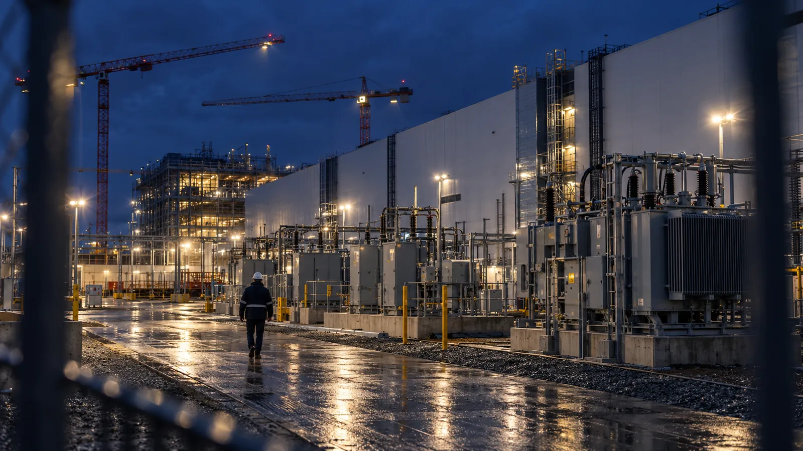 Data centre campus under construction at blue hour